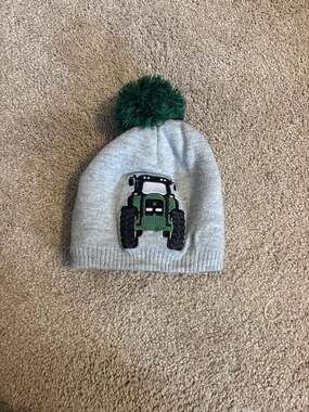 John Deere Kids Grey Knit Beanie with Green Pom-Pom and Flip Sequin Tractor Patc